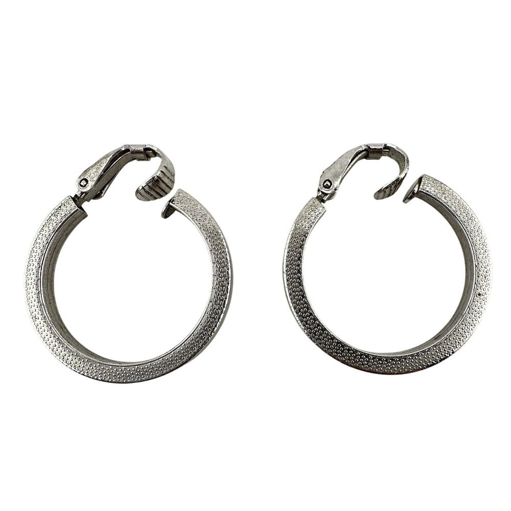 Vintage Lewis Segal Textured Minimalist Silver Tone Hoops Clip On .75” Earrings